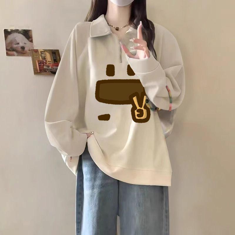 Cotton American Plus Size Slimming Sweatshirt with Lazy Polo Collar New Loose Half Zipper Cover for the Belly Outerwear On Top