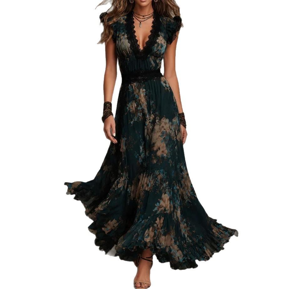 Europe, America, Hot-selling Pastoral Bohemian Print Collar Long-sleeved Dress