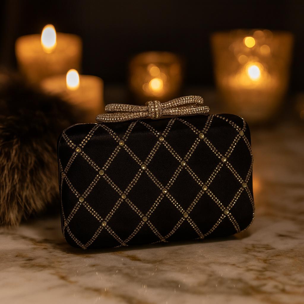 

New Silk Diamond Rhombus Evening Clutch for Women Fashionable Chain Link Shoulder Bag Wedding Party Purse чёрный