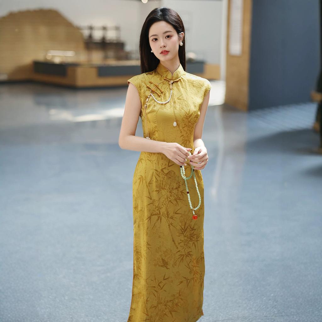 Yellow cheongsam 1011 new spring and summer new Chinese style improved women's white high-end temperament beautiful dress