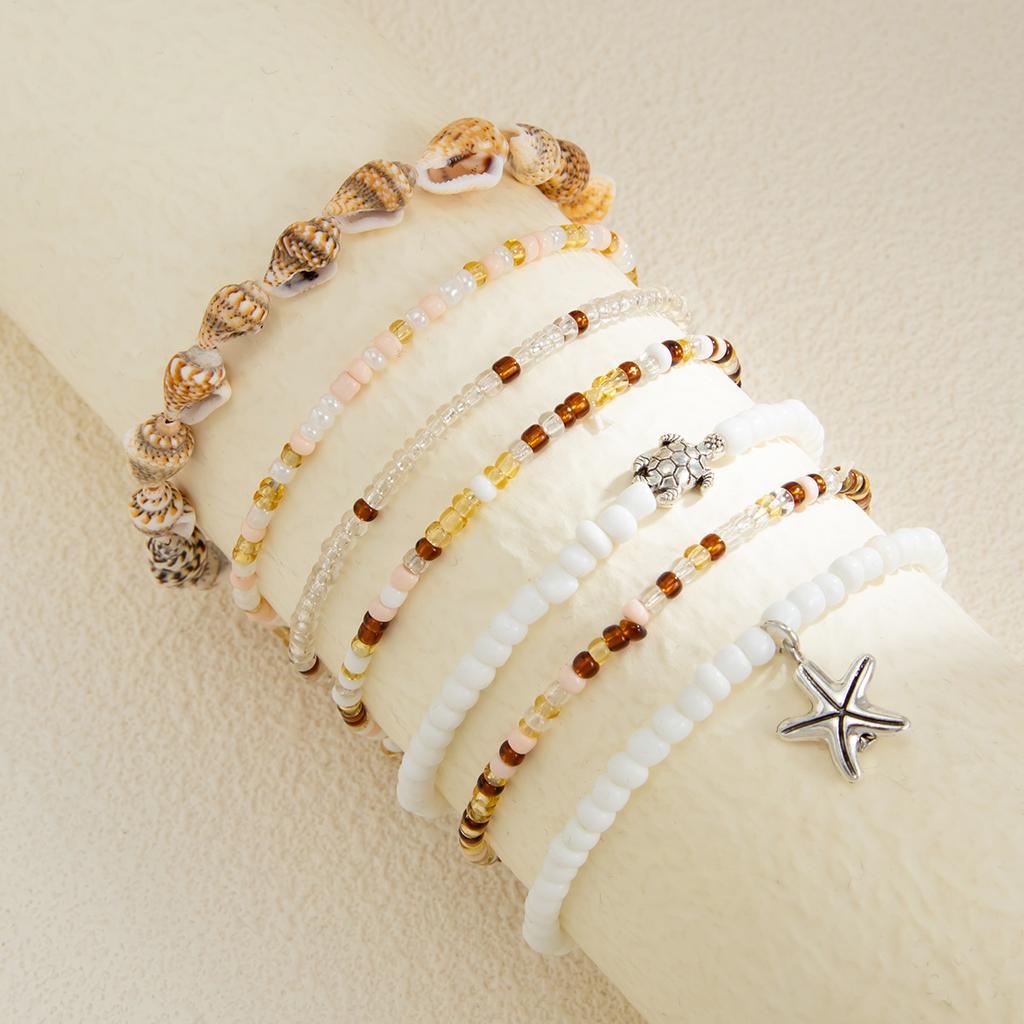 Beach Resort Wind Starfish Pendant Shell Ankle Chain, Fashion Rice Bead Beaded Ankle Chain Set