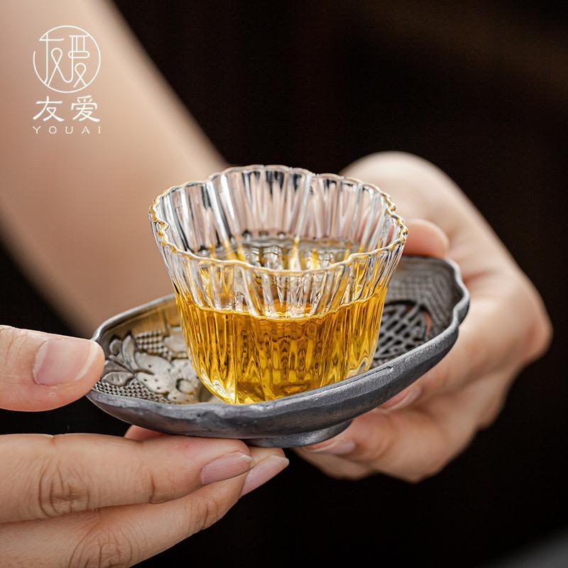 BEPAN 1PC Japanese pure tin cup mat retro cup holder non-slip cup holder made of old tin cup mat tea ceremony