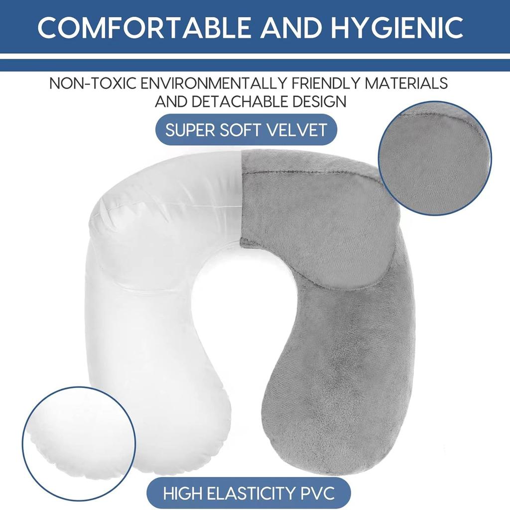 Inflatable Travel Pillow with Soft Velvet Cover & Carry Bag, Neck Support for Airplane, Car, Office & Adult Sleeping