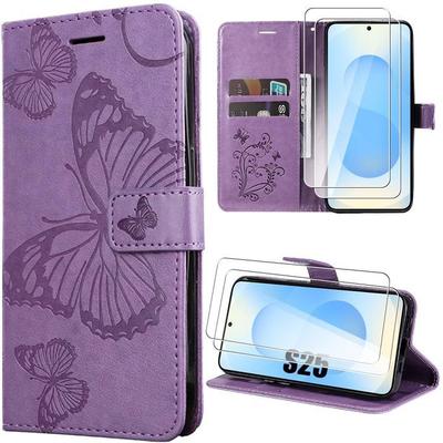 Protective Case - BOOLING - for Samsung Galaxy S25 - Purple Synthetic Leather - Butterfly Pattern - 2 Tempered Glass