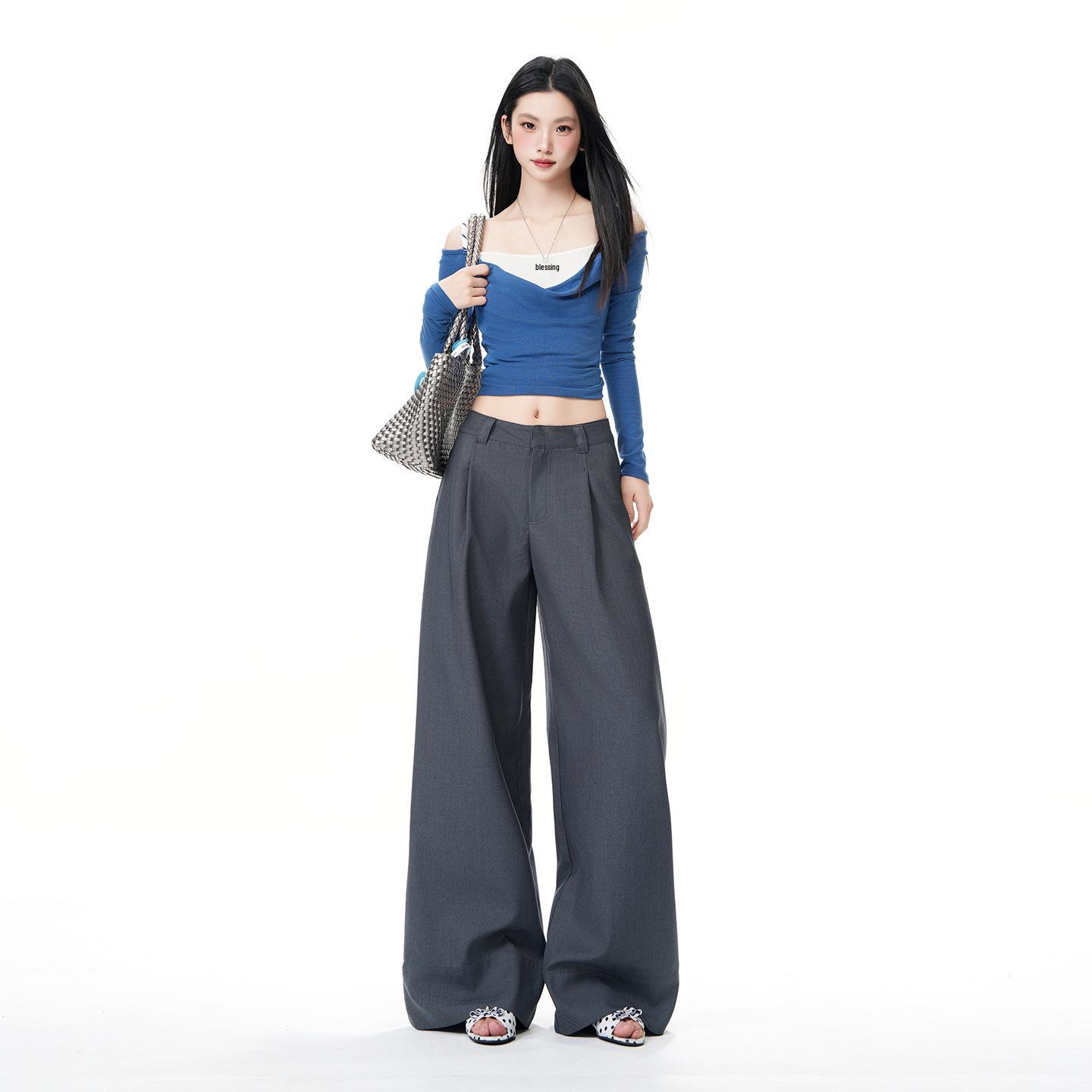 Women s Gray High-Waisted Wide-Leg Pleated Pants—Spring 2026 Casual and Slimming Style L