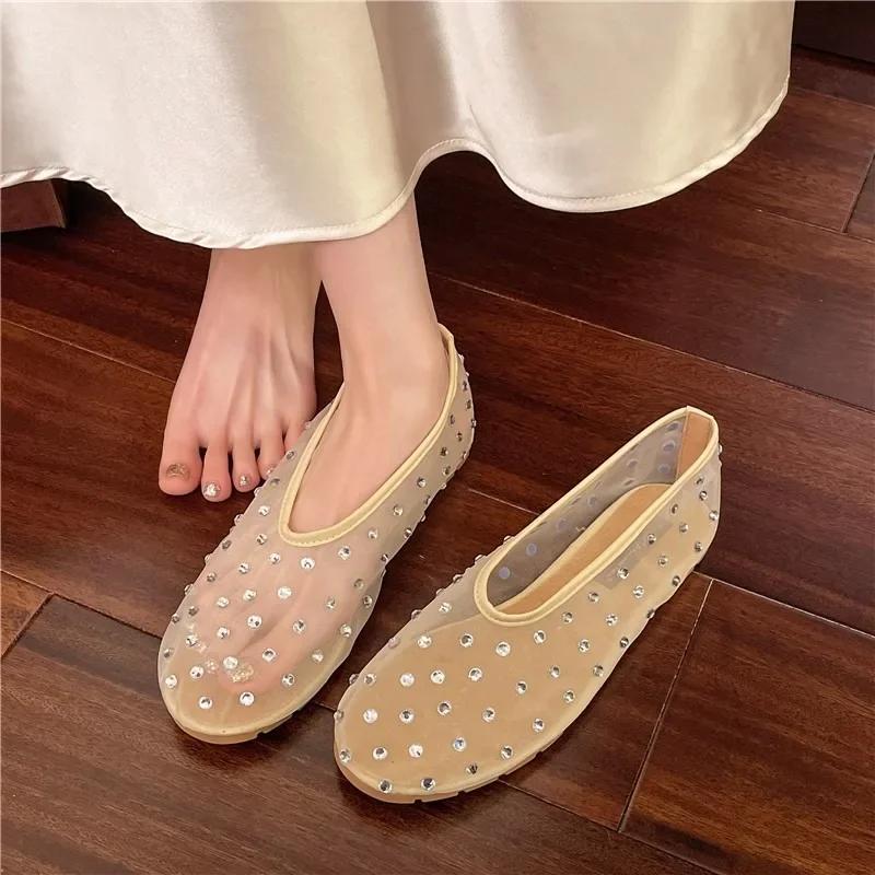 Women's Flat Shoes One Kick Mesh-edge Upper Rhinestones Soft Soles Shoes Women Dress Breathable Fairy Style Zapatillas De Mujer
