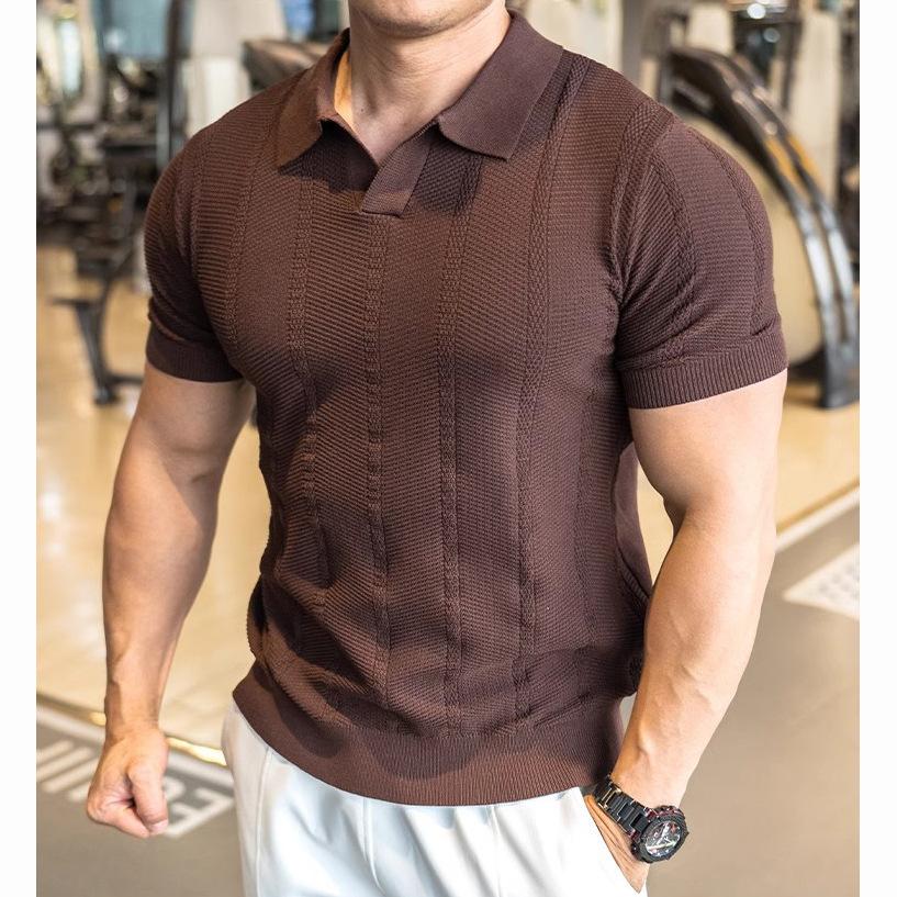 

Мужской трикотажный свитер с коротким рукавом, премиальное бизнес-поло, V-образный вырез, облегающий крой, корейская версия 3XL темно-коричневого