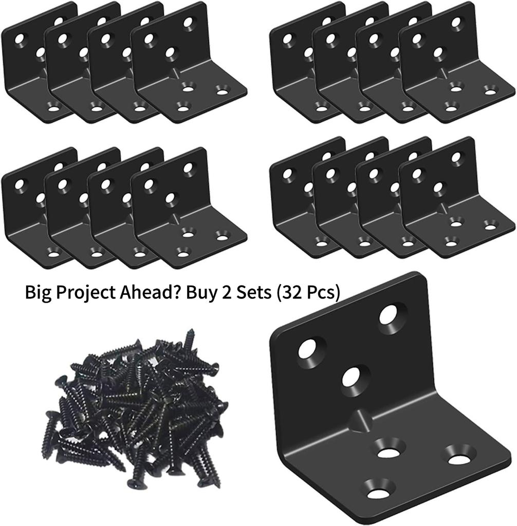 16-Pack Black Stainless Steel Corner Brace 1.5" L Shaped Heavy Duty Right Angle Bracket For Wood Shelves With Screws