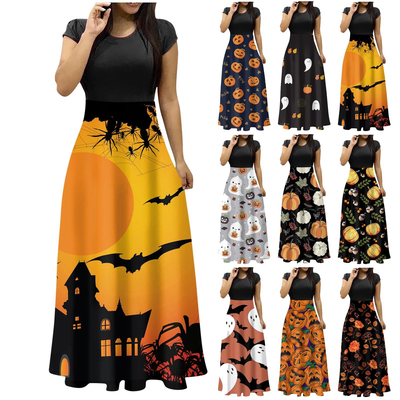 

Женское модное платье макси с круглым вырезом и коротким рукавом с принтом на Хэллоуин