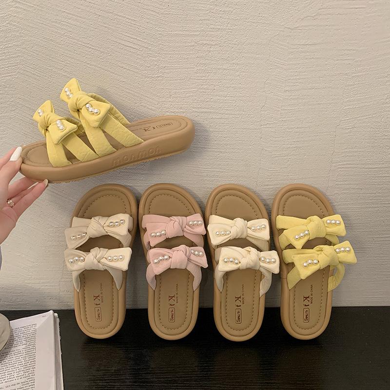 Bow one-word drag women's summer wear 2025 new with skirt flat heel not tired foot slippers