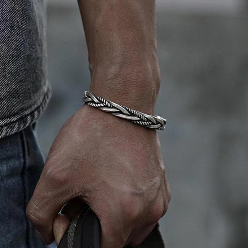 2023 Retro Men's Geometric Woven Cable Open Bangle in Silver-Plated Copper