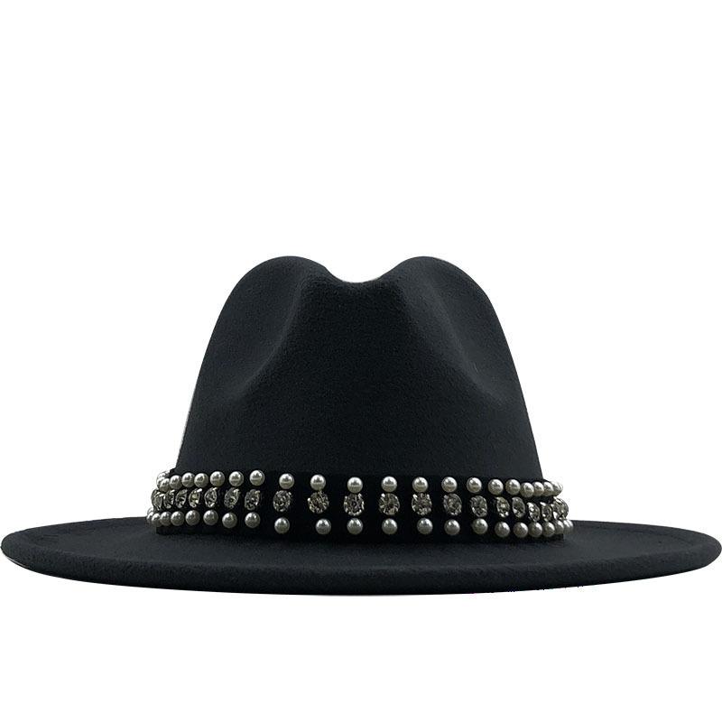 European, American and British Style Retro Fringed Pearl Chain Woolen Felt Hat Wide-brimmed Top Hat Korean Jazz Hat Lady Hat Tide