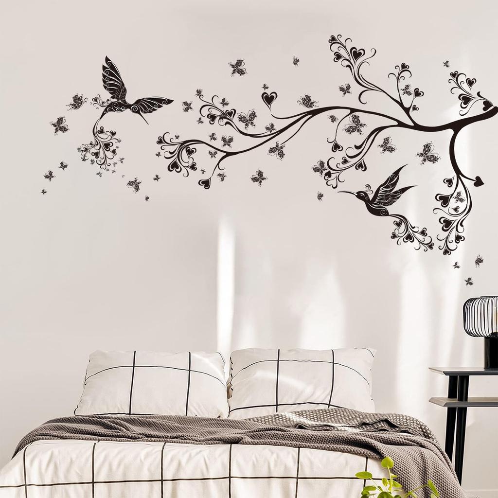 Branch and Bird Cherry Blossom Wall Stickers Self-Adhesive Peach Flower Wallpaper Decals for Living Room Bedroom Home Decor