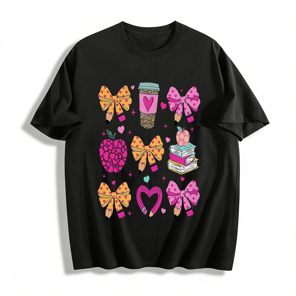 Valentines Day Teacher Pencil Bow Print Casual T-Shirt Pure cotton T-shirt XXS