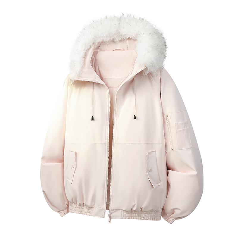 Winter Cotton Hooded Jacket with Removable Fur Collar - Windproof, Warm, and Lightweight for Couples