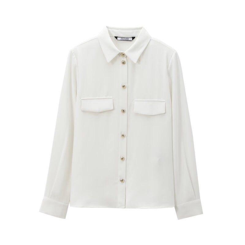 Fashion Style 2024 Fall and Winter New Women's Clothing Easiest for Match Padded Shoulder Decorative Crepe Long Sleeves Lapel Shirt 9258572