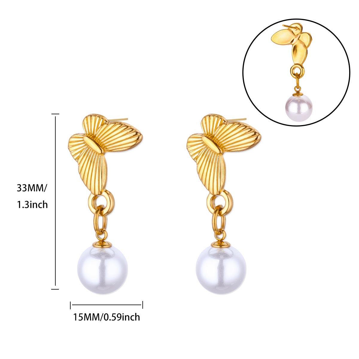

Luxury Butterfly Imitation Pearl Drop Stud Earring For Women Stainless Steel Gold Color Piercing Earring Fashion Wedding Zircon