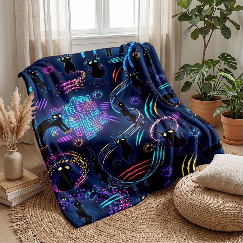 Neon Cats In Space Theme Blanket Lightweight Warm Flannel Blanket Decorative Throw Blanket for Home Decoration