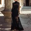 Abito da Donna Nero in Pizzo con Scollo Alto, Maniche Lunghe, Modello Sirena con Cintura