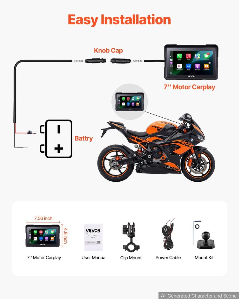 7 Inch Wireless Motorcycle Carplay with Apple Carplay & Android Auto, HD Touchscreen GPS Navigation System with Voice Control, Dual Bluetooth, Siri &
