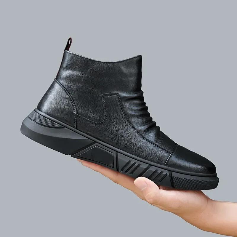 Fashion Men Leather Boot Snow Boot Warm Versatile Cotton Shoe High Top Casual Leather Shoe British Style Men Boot Trend 2024