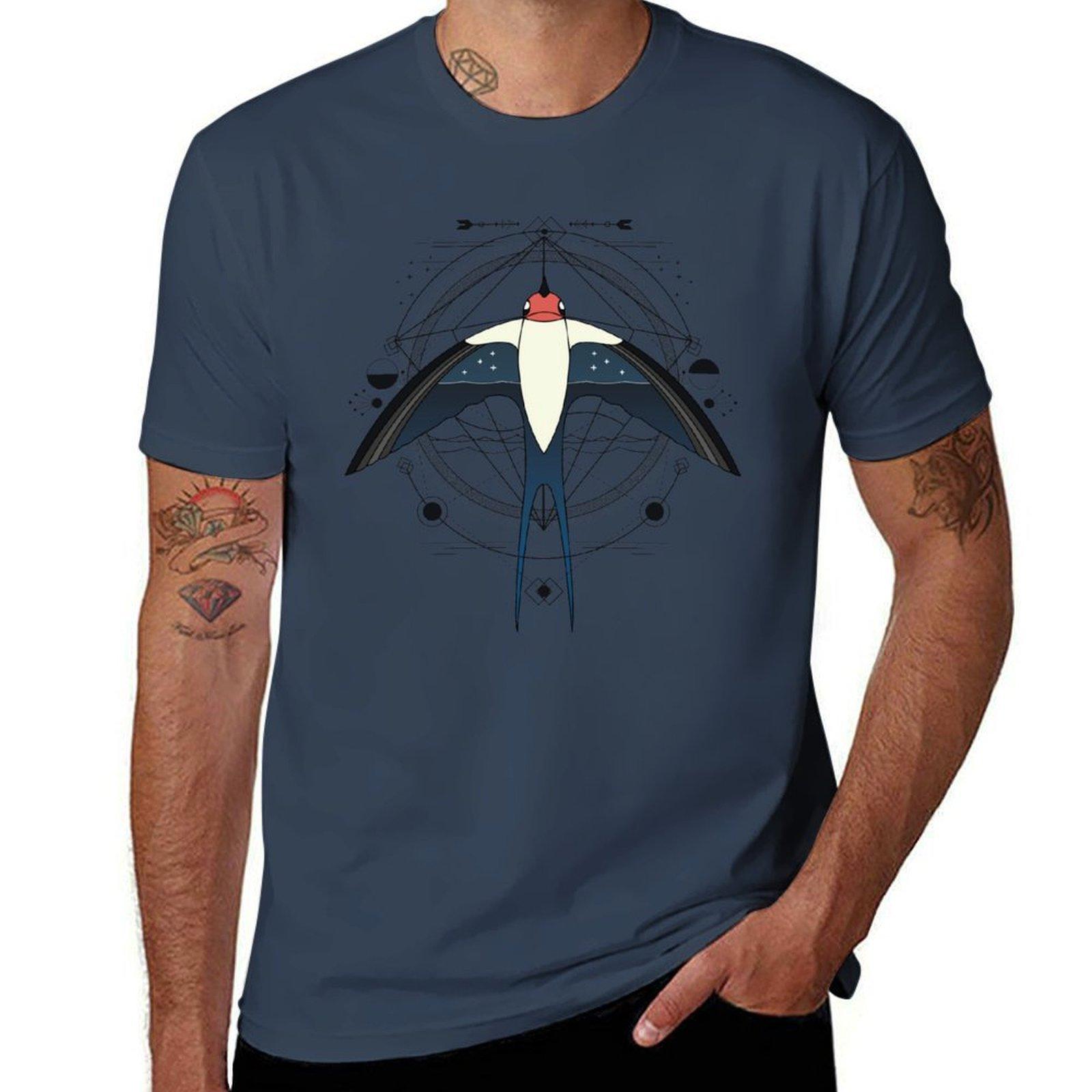 Geometric Swallow Boho Art Tshirt No Iron Casual Short Sleeve Top S