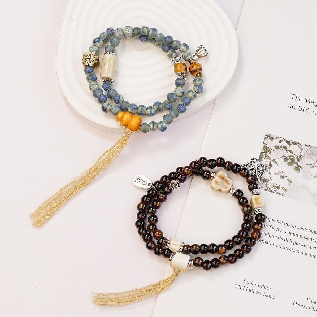 New Ceramic Beaded Bracelet Double Circle Chinese Style Tassel Summer Accessories Jewelry Live Stream Supply