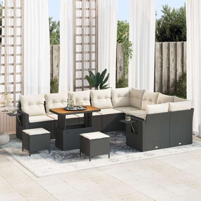Set de Canapé de Jardin de 12 pièces vidaXL avec Coussins Noir Poly Rattan Acacia, Set de Salle à Manger de Jardin de 3 3363735