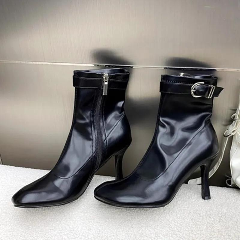 Luxury Soft Leather Side Zip Design Ankle Boots Womens Sexy Belt Buckle Round Toe Botines Thin Heels Modern Boots Botas Mujer