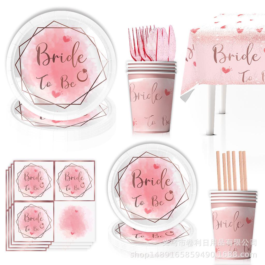 Bride-To-Be Rose Gold Themed Decorative Party Supplies Set Bachelorette Party Venue Arrangement Paper Plates Paper Cups