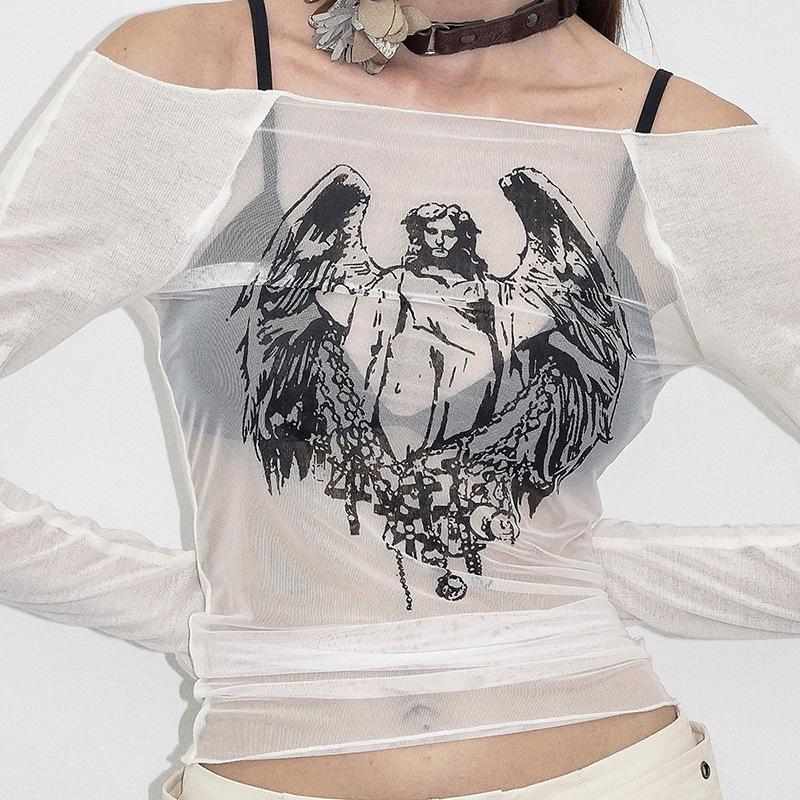 Y23TP642 Europäisch-Amerikanisches Mesh-Strick Ein-Schulter Print Durchsichtig Damen Top.