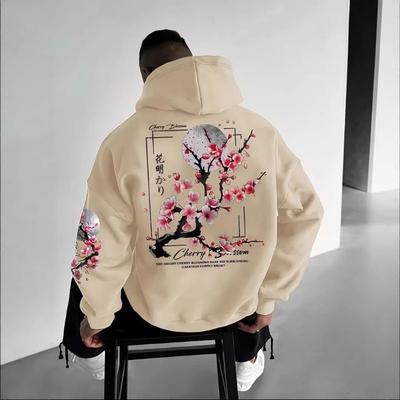 Pánská oversized mikina s kapucí Grafika Měsíc a třešňové květy Jaro Podzim Ležérní Streetwear