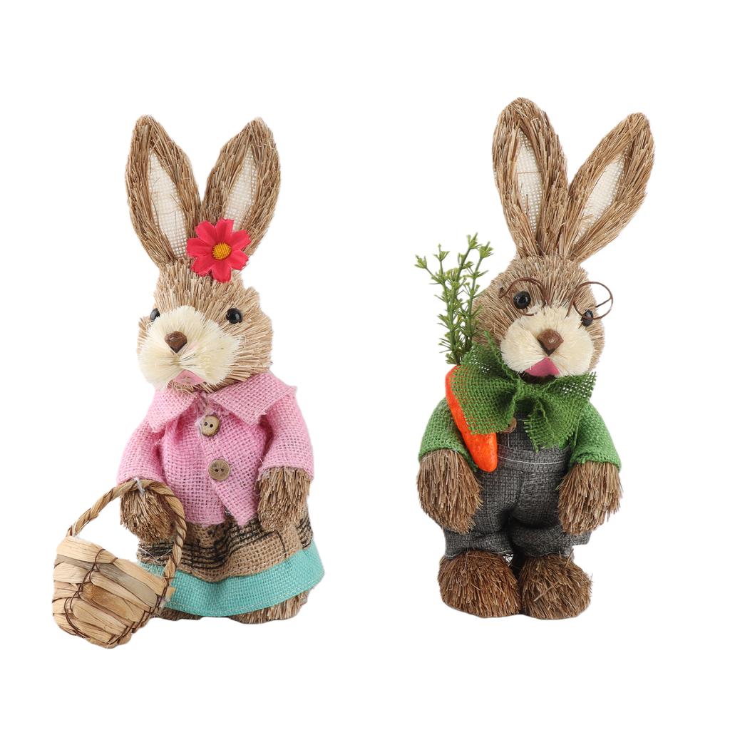 25CM Easter Standing Bunny Couple Figurines Handmade Straw Rabbit Statues for Home Table Garden Decor