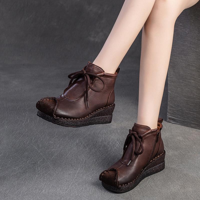 Fashion GKTINOO 2025 Autumn Winter New Retro Handmade Ankle Boots Genuine Leather Round Toe Women's Wedges Shoes