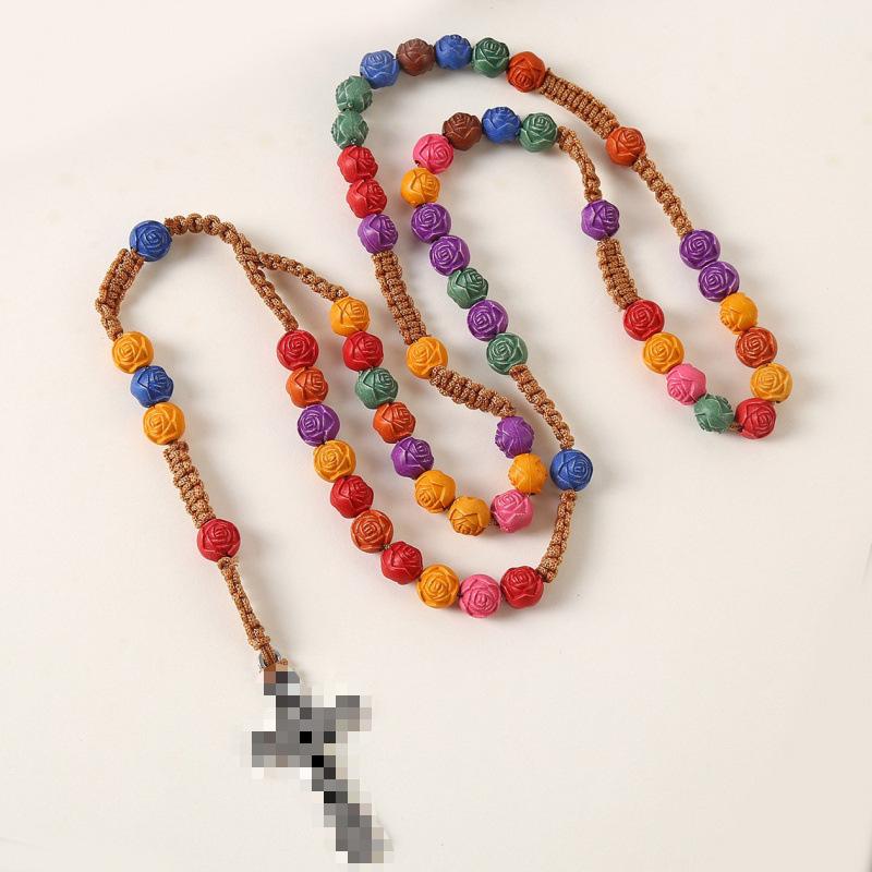 Colorful Cross Rose Prayer Beads Necklace - Easter Gift Jewelry