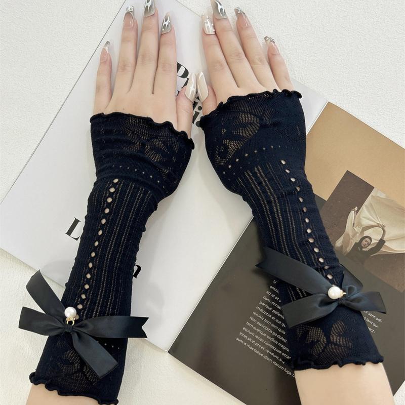 Elegant Sweet Long Bow Fingerless Gloves Women Elastic Ruffle Decorative Sleeves Outdoor Sun Protection Wrist Arm Cover