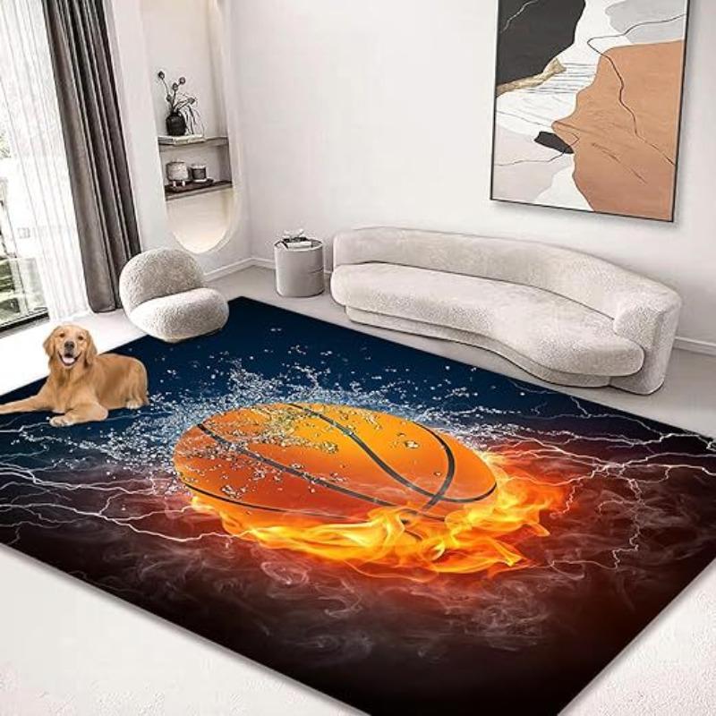 Dynamic Sports Ball Rugs Flaming Football Basketball Design Brick Wall Breakthrough for Game Room Man Cave Decor