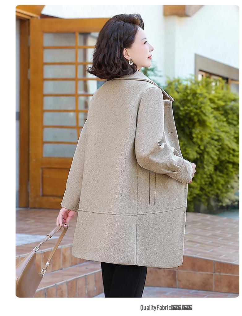 Spring Mid-Length Woolen Coat for Middle-Aged & Elderly Women - Casual Single-Breasted Cardigan with Small Lapel