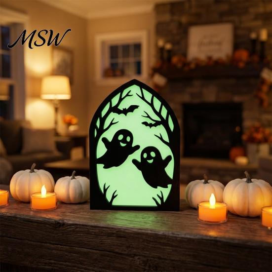 Glowing Halloween Silhouette Wooden Screen Ornaments, Glow in The Dark Gothic Arch Mysterious Room Accents Decor, No Assembly Atmosphere Supplies for