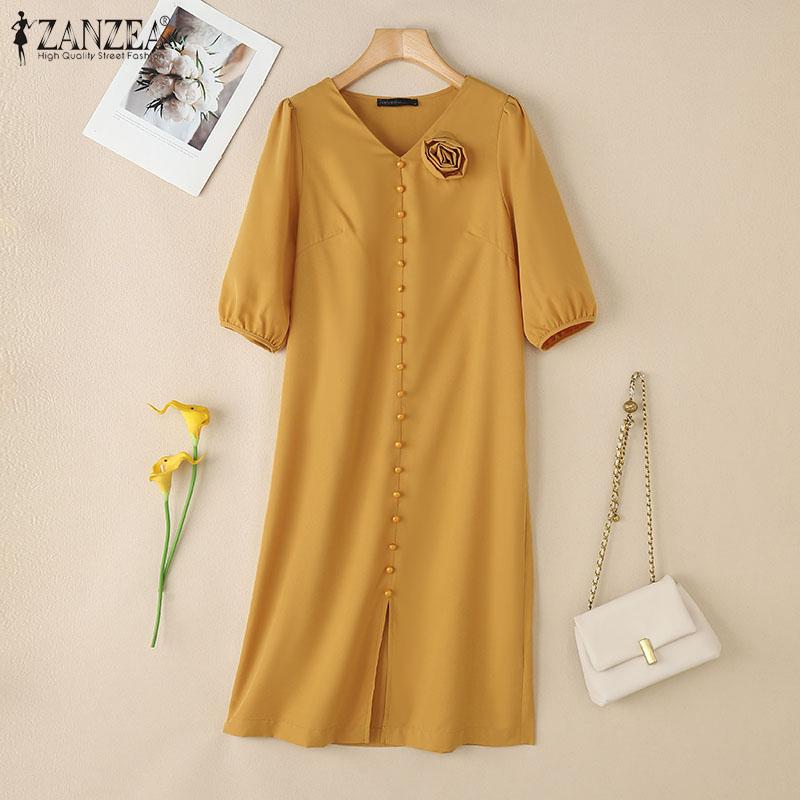 ZANZEA Women Casual V-Neck Loose Summer Half Sleeve Dress