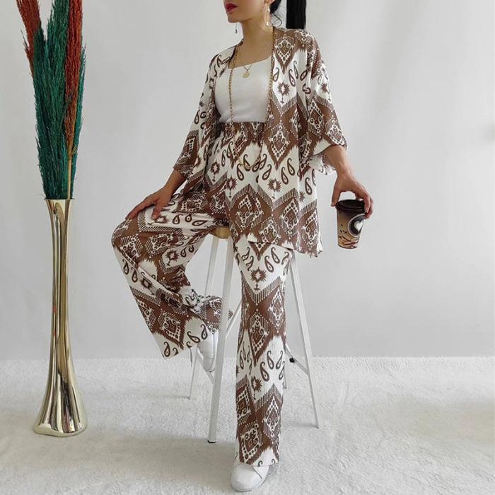 Tem Women's 2024 Summer New Loose Large Size Printed Medium Sleeve Shirt Wide Leg Pants Casual Suit Women