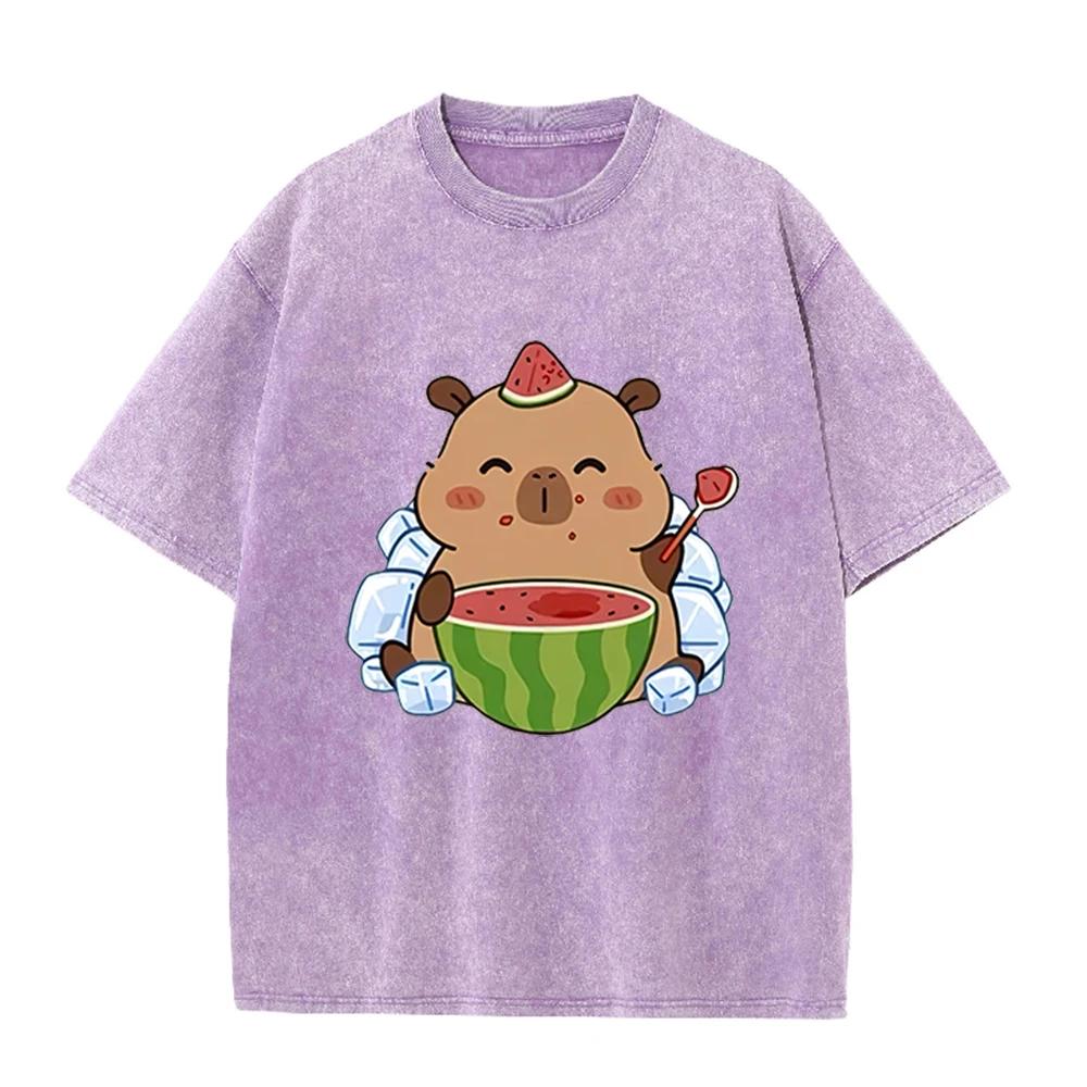 2026 Vintage Washed Beige Cute Capybara Watermelon Graphic T Shirt Summer Ice Animal Print Oversized Casual Short Sleeve Tee