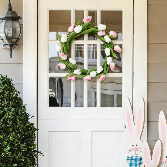 Artificial Tulip Wreath with Vine Base Lifelike Floral Door Wall Hanging Decor for Home Garden Party Fade-Resistant Reusable Spring Home Decoration