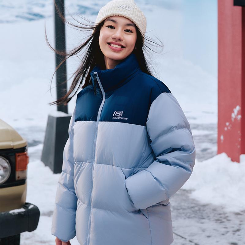 Skechers Modische Farbblock-Logo-Web-Winddichte Warme Kurze Daunenjacke Unisex Oberbekleidung Kosmisch-Himmel-Lila L423U106-027F