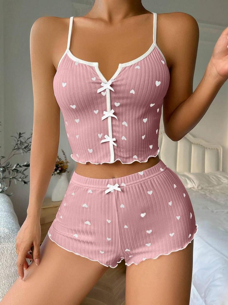 Ensemble pyjama camisole à imprimé cœur et nœud - Ensemble deux pièces confortable en côtes pour la détente