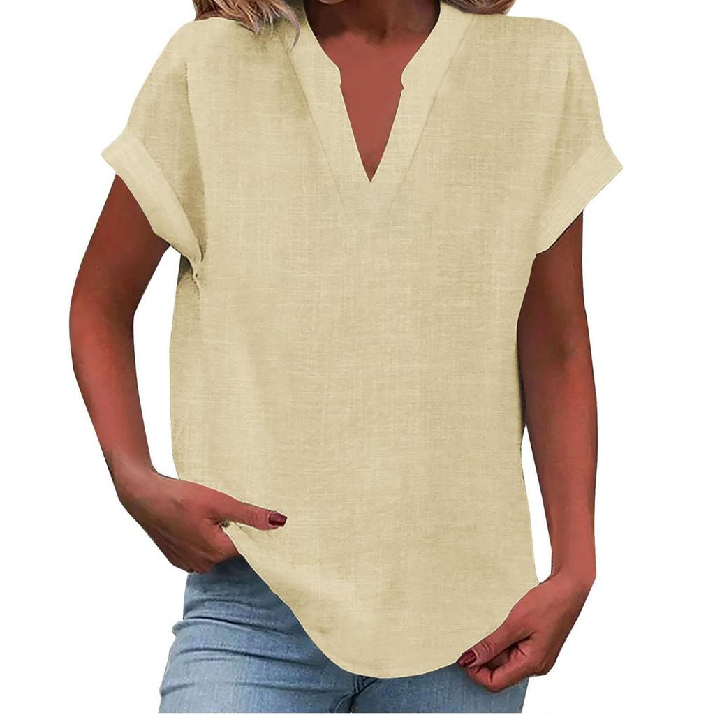 Women's V Neck Short Sleeve Loose Fit Solid Color T-Shirt Casual Summer Top