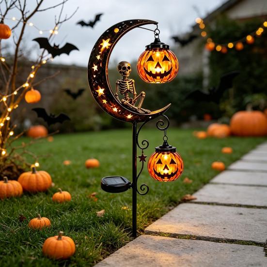 Decorative Metal Yard Stakes Solar Halloween Garden Stake Light, Auto On/Off Crescent Moon Black Cat with Hanging Waterproof Wrought Iron