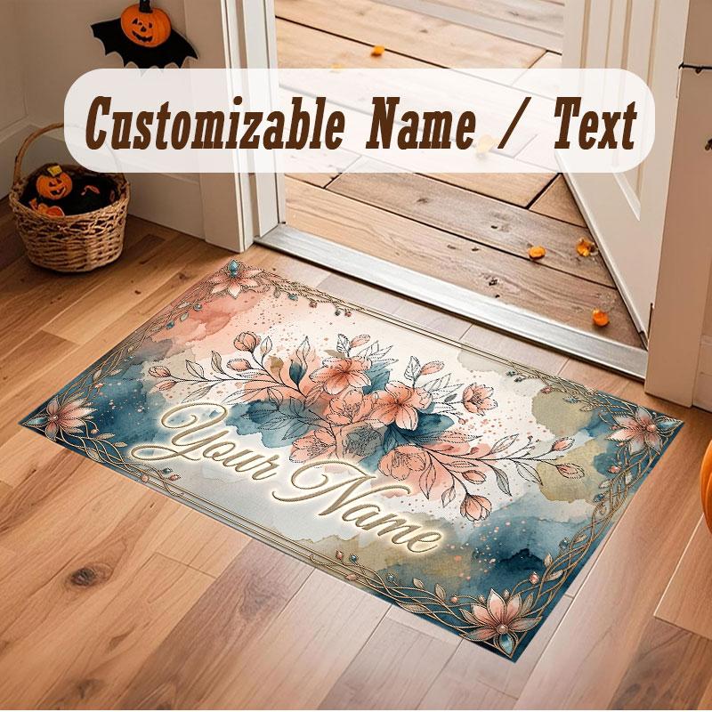 Floral Garden Theme Crystal Velvet Floor Rug Personalized Custom Name Text Warm Carpet Home Decoration