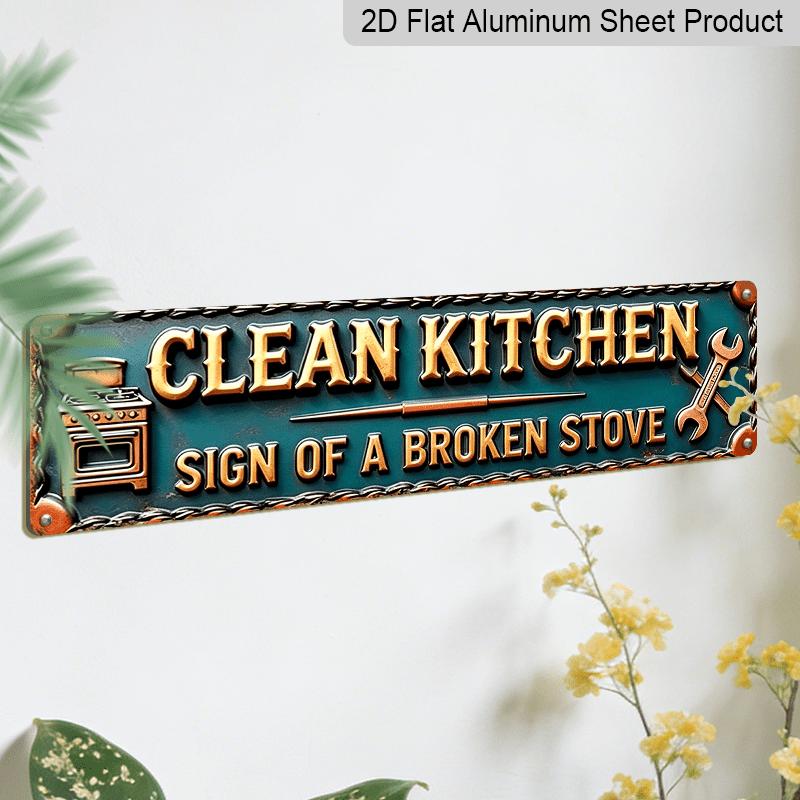 2D Flat, 1pc Funny Vintage Stove-Themed "Clean Kitchen Sign of a Broken Stove" Metal Plaque - 15.7×3.94inch Retro Teal & Golden Outdoor/ Aluminum