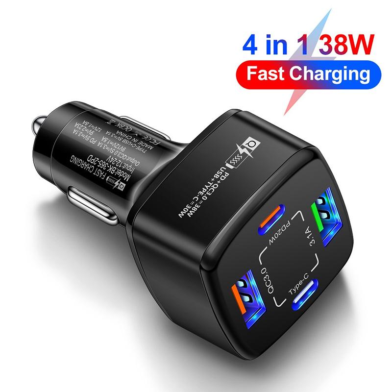 38W Car Charger 2 Usb 2 Pd Type C Fast Charging 3.1A Phone Charge Qc 3.0 Quick Charger Adapter For Iphone 16 15 Laptops Tablets